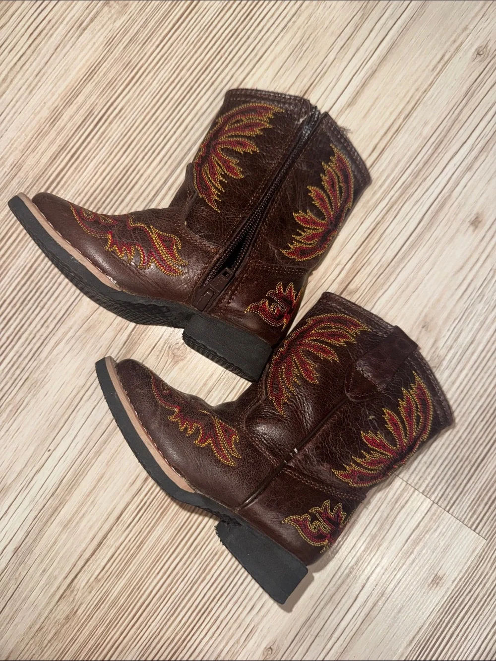 Kids Brown Western Embroidered Cowboy Boots with Red Accent